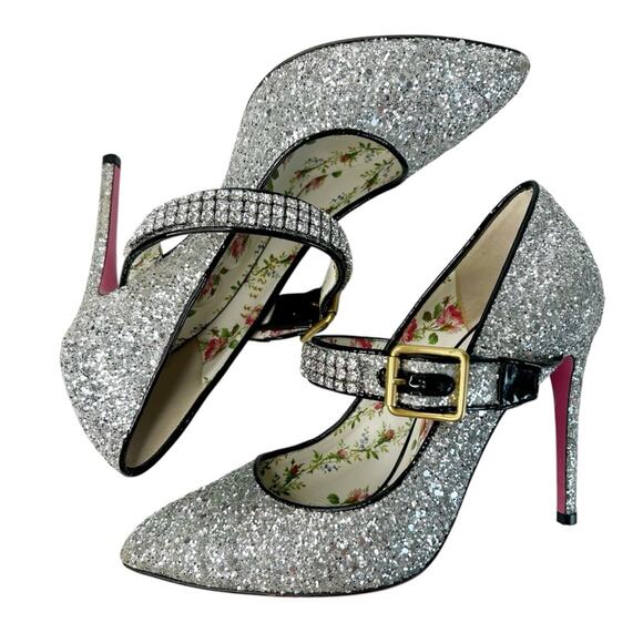 GUCCI Sylvie Silver Glitter Crystal Maryjane Pumps - Picture 6 of 11